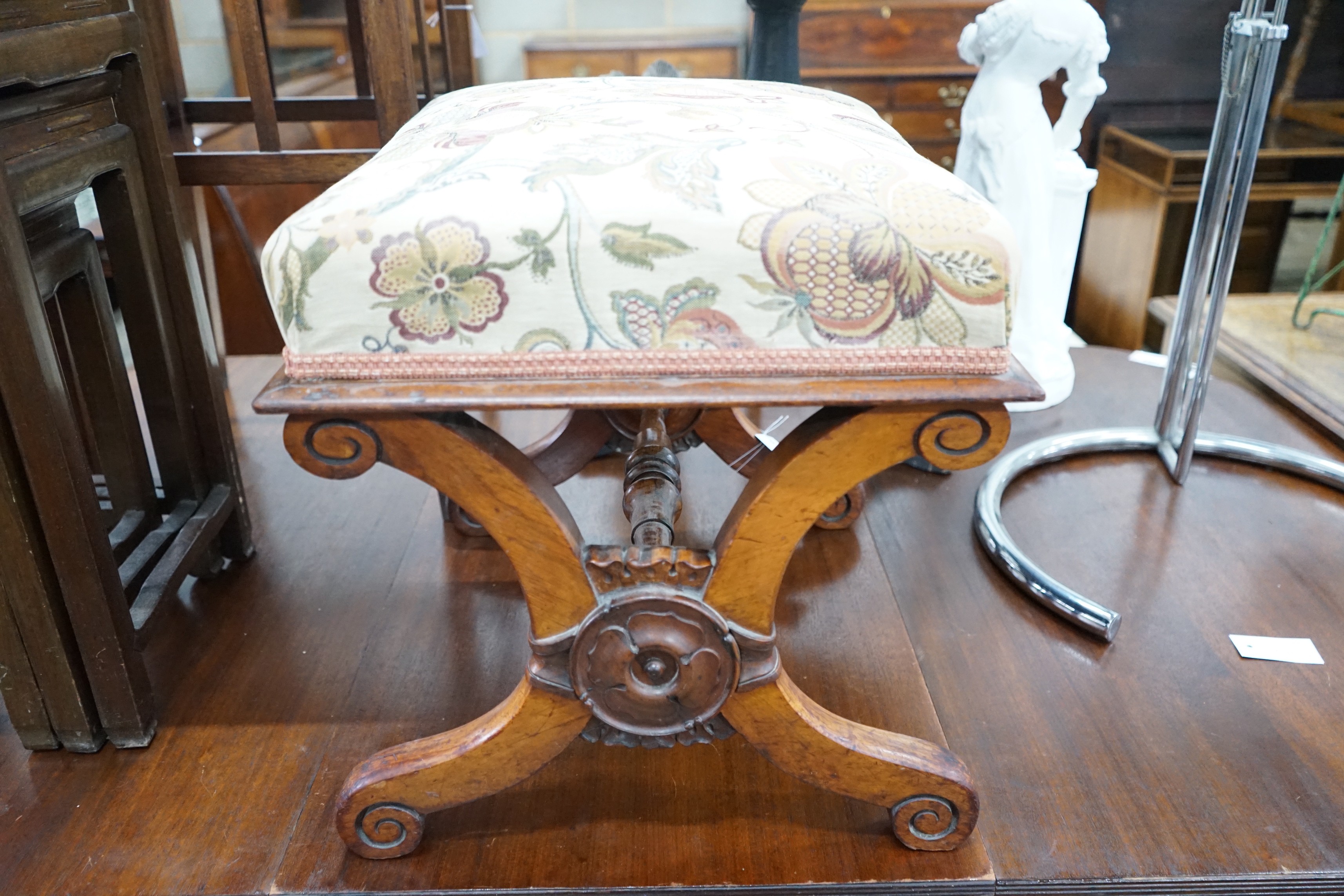 A Victorian rosewood X framed dressing stool, width 53cm, depth 44cm, height 46cm